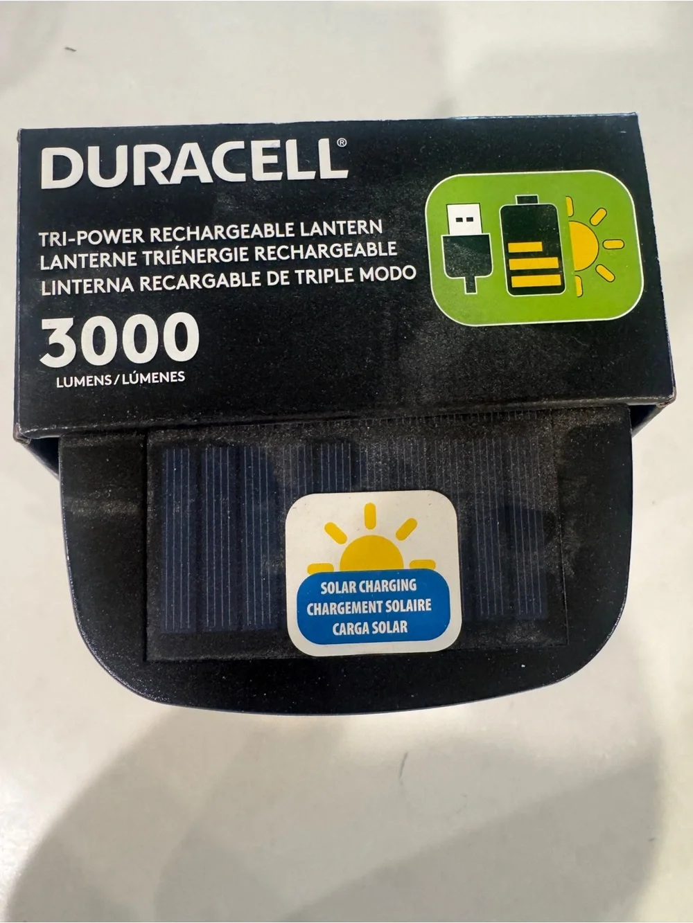 Duracell 3000 Lumen Tri-Power Rechargeable LED Lantern Solar USB Qi NIB